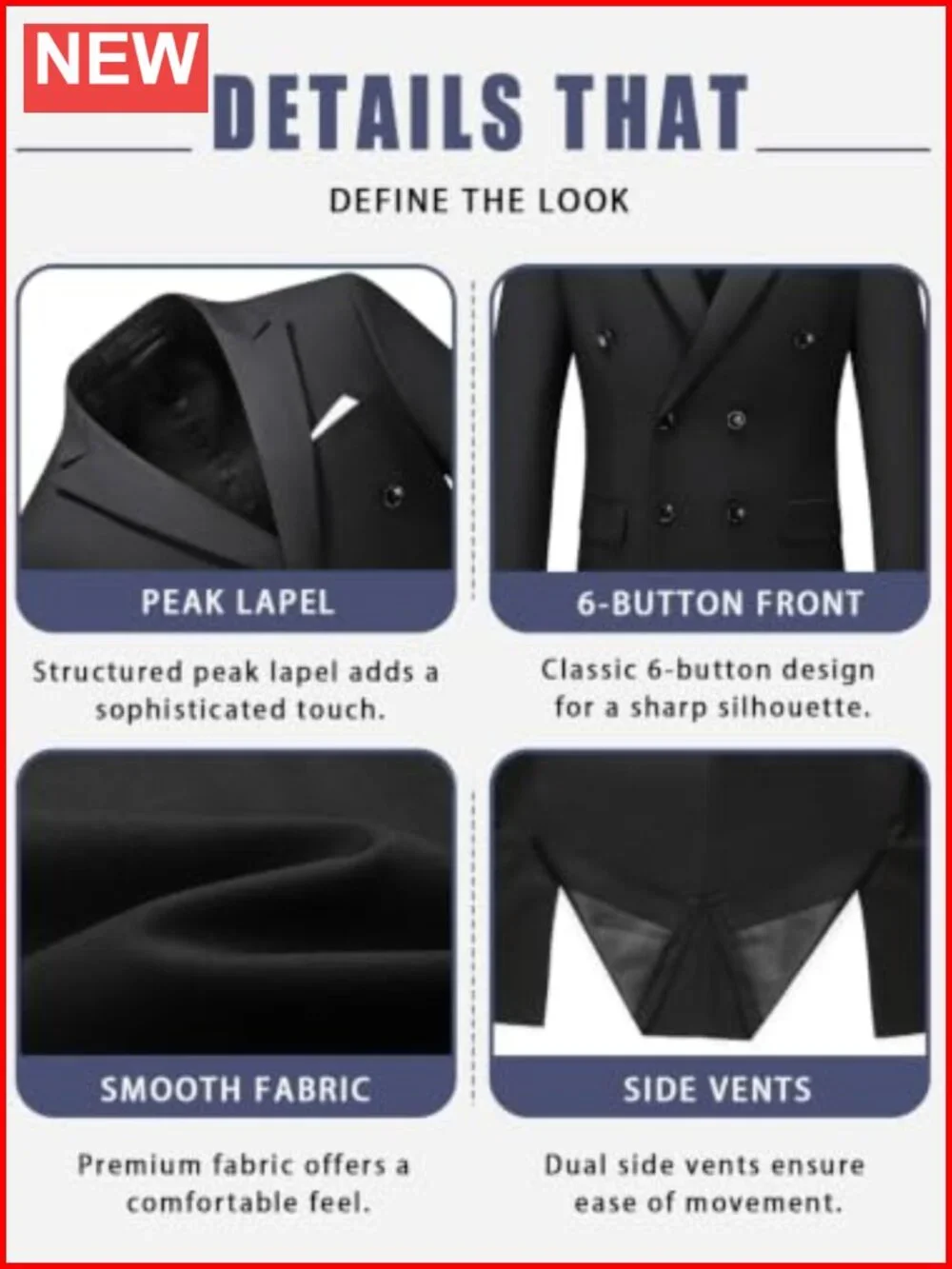 Men's Double Breasted Slim Fit 2 Piece Suit Set Jacket & Pants Formal